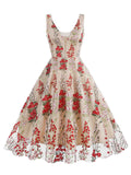 1950s Embroidered Floral V-Neck Swing Dress