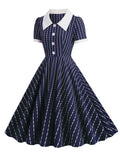 1950s Lapel Vertical Stripes Swing Dress