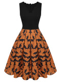 Black & Orange 1950s Halloween Bat Sleeveless Dress