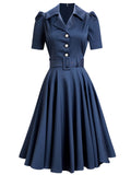 [Pre-Sale] Blue 1940s Solid Short Sleeves Lapel Dress