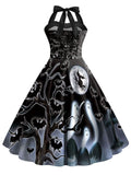 Black 1950s Halloween Halter Bat Swing Dress
