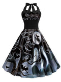 Black 1950s Halloween Halter Bat Swing Dress