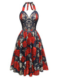 Black 1950s Sweetheart Skeleton Rose Swing Dress