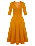 Orange 1950s Waisted Mid-sleeve V-Neck Dress