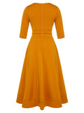 Orange 1950s Waisted Mid-sleeve V-Neck Dress