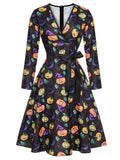 Black Halloween Pumpkins V-Neck Dress