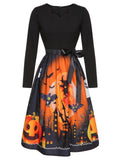1950s Black Halloween Long Sleeve Swing Dress