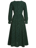 Green V-Neck Leopard A-Line Dress