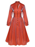 Red 1950s Pearlescent V-Neck Solid Dress