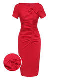 [Pre-Sale] Red 1960s Shirring Bow Solid Wrap Dress
