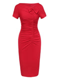[Pre-Sale] Red 1960s Shirring Bow Solid Wrap Dress