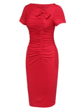 [Pre-Sale] Red 1960s Shirring Bow Solid Wrap Dress