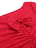 [Pre-Sale] Red 1960s Shirring Bow Solid Wrap Dress
