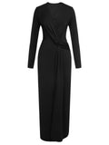 Black 1940s Knotted Waist Solid V-Neck Dress