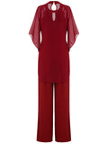 2PCS Burgundy 1950s Keyhole Sheer Stiching Top & Solid Pants