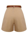 Khaki 1950s Solid Cotton Blend Belted Shorts