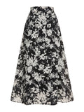 Black&White 1960s Floral Print A-Line Skirt