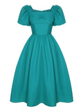 Blue Green 1950s Solid Square Neck Dress