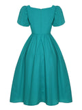 Blue Green 1950s Solid Square Neck Dress