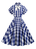 1950s Plaid Bow Lapel Swing Dress