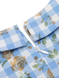 Blue 1960s Puff Sleeve Floral Plaid Dress
