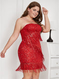 [Plus Size] Red 1960s Strapless Sequined Fringed Dress