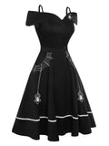 Black 1950s Halloween Off-Shoulder Spider Web Dress