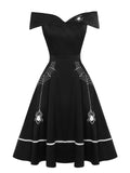 Black 1950s Halloween Off-Shoulder Spider Web Dress
