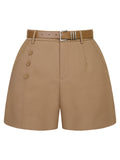 Khaki 1950s Solid Casual Shorts With Belt