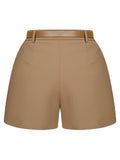 Khaki 1950s Solid Casual Shorts With Belt