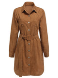 Brown 1960s Lapel Long Sleeve Corduroy Dress