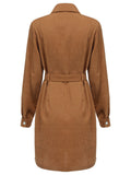 Brown 1960s Lapel Long Sleeve Corduroy Dress