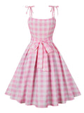 Pink 1950s Spaghetti Strap Plaid Swing Dress