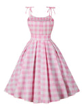 Pink 1950s Spaghetti Strap Plaid Swing Dress