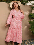 [Plus Size] Pink 1930s Feathers V-Neck Midi Dress