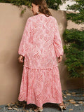 [Plus Size] Pink 1930s Feathers V-Neck Midi Dress