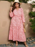 [Plus Size] Pink 1930s Feathers V-Neck Midi Dress