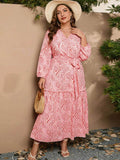 [Plus Size] Pink 1930s Feathers V-Neck Midi Dress