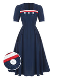 [Pre-Sale] Dark Blue 1930s Square Neck Button Puff Dress