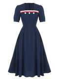 [Pre-Sale] Dark Blue 1930s Square Neck Button Puff Dress