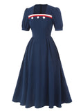 [Pre-Sale] Dark Blue 1930s Square Neck Button Puff Dress