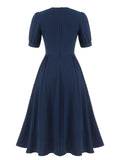 [Pre-Sale] Dark Blue 1930s Square Neck Button Puff Dress