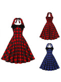 1950s Halter Plaids Bow Decor Patchwork Dress