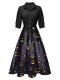 Black 1940s Halloween Lapel Pumpkin Belted Dress