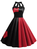 Black & Red 1950s Halloween Patchwork Halter Dress