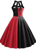 Black & Red 1950s Halloween Patchwork Halter Dress
