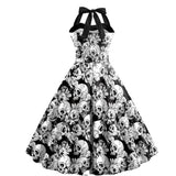 Black & White 1950s Halloween Skull Halter Dress