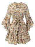1960s Floral Flared Long Sleeve Dress With Belt