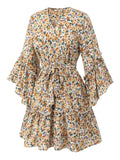 1960s Floral Flared Long Sleeve Dress With Belt