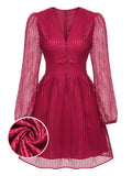 Wine Red 1960s Plaid Mesh V-Neck Dress
